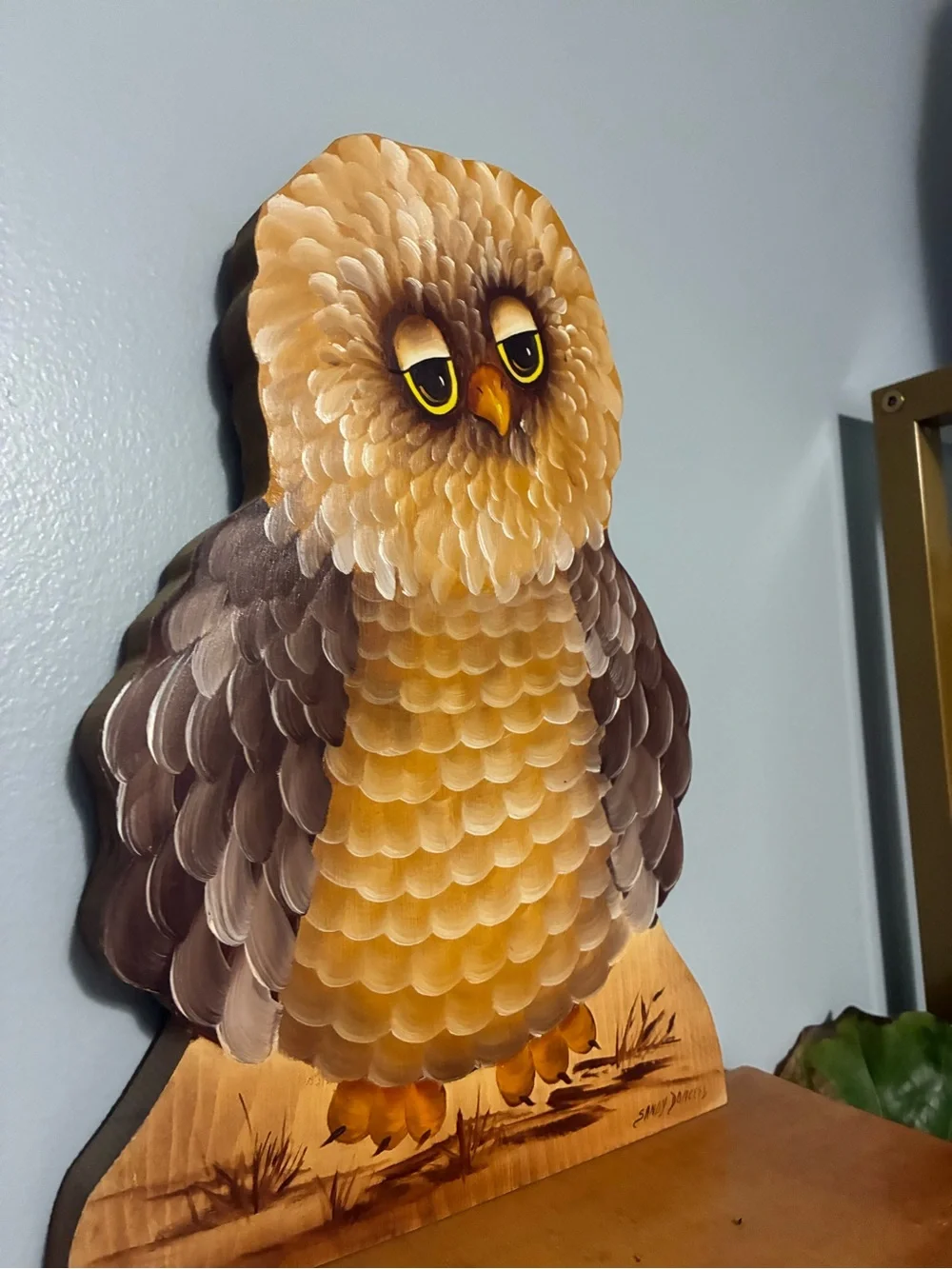 Adorable hand Painted vintage Yellow & Brown Owl Wall shelf/Decor